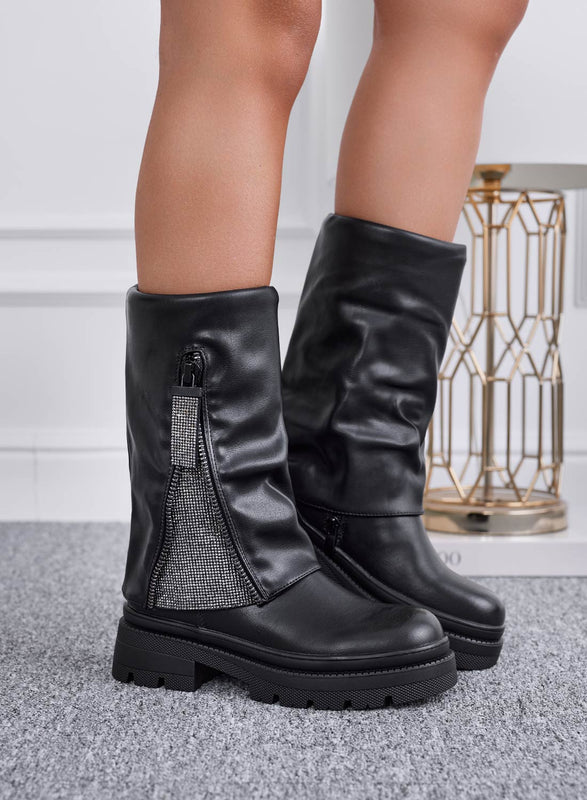 EULALIA - Bottines noires Alexoo avec fermeture éclair latérale et strass