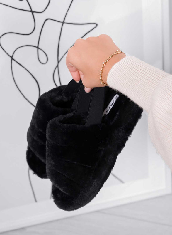 KEIRA - Mules noires en fausse fourrure avec élastique