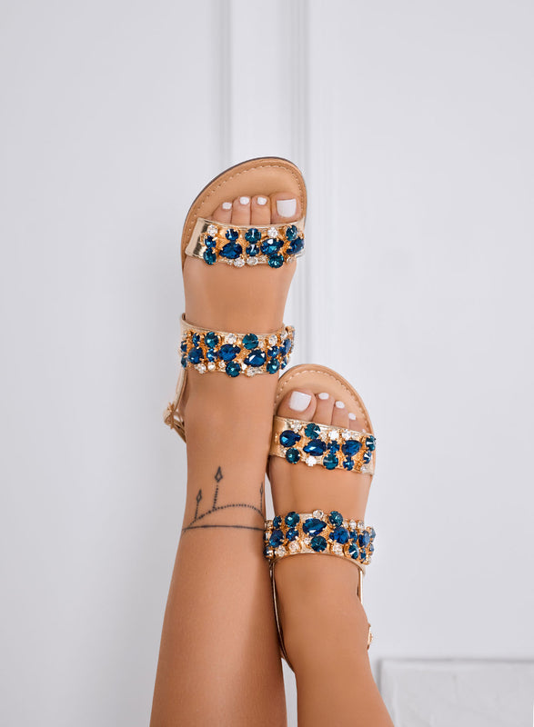VITTORIA - Sandales dorés bijoux à talon bas et strass bleus