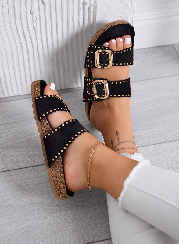 GRETA - Sandales noirs Mules avec clous et boucles dorées