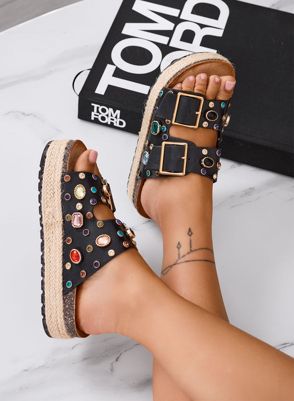 PRISCILLA - Sandales mules noires à plateforme avec maxi boucles et pierres colorées