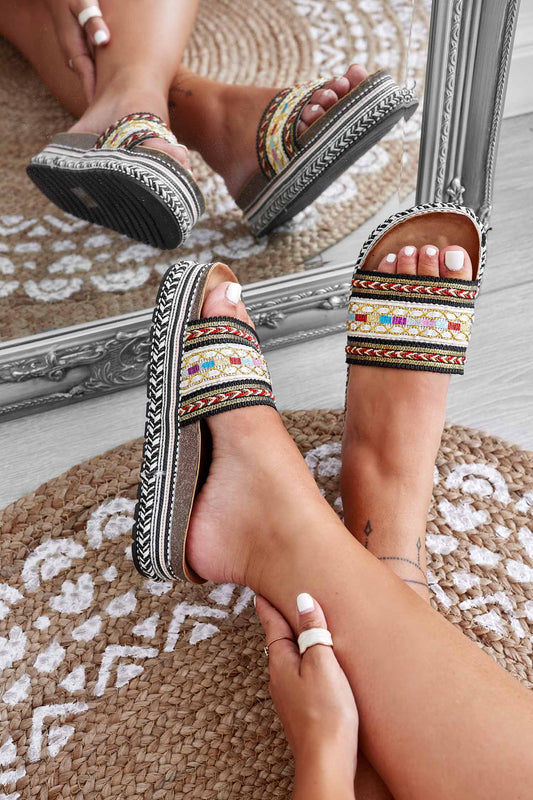 Sandales mules noirs à motif multicolore