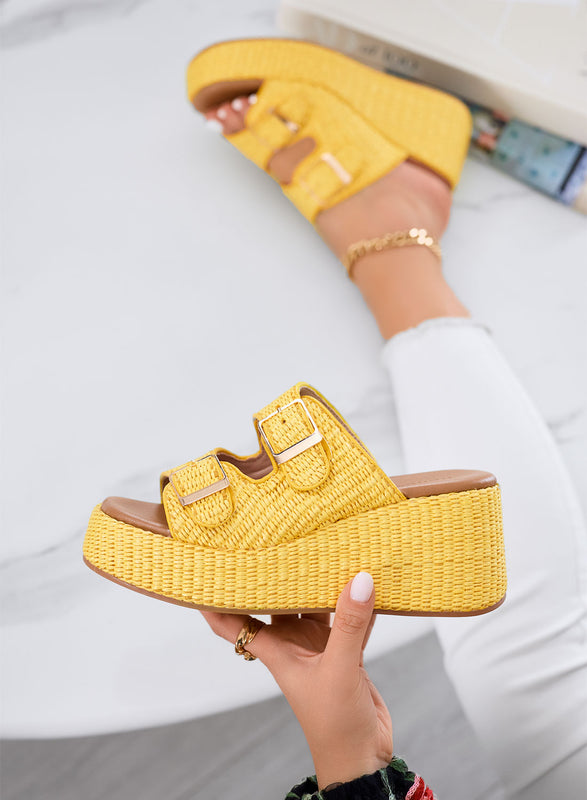 GINA - Yellow sandals Platform slippers with double buckle