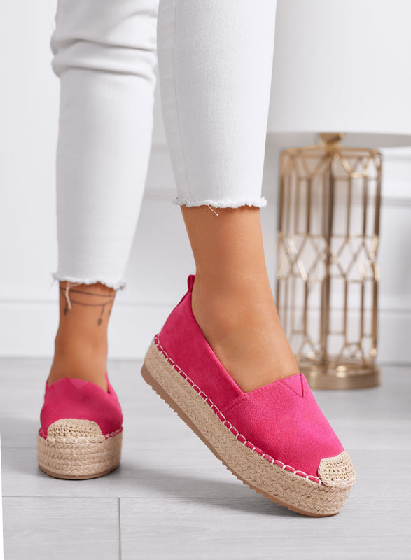 MAGDA - Fuchsia platform espadrilles with crochet toe and rope sole