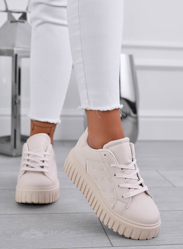 DOTTIE - Baskets beiges avec imprimé en relief et semelle compensée