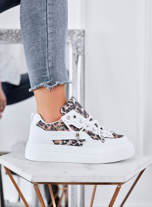LESTER - Sneakers bianche platform con dettagli animalier leopardati