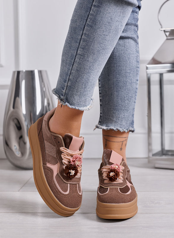 CLOE - Sneakers Donna fango con Fiori e Suola Platform