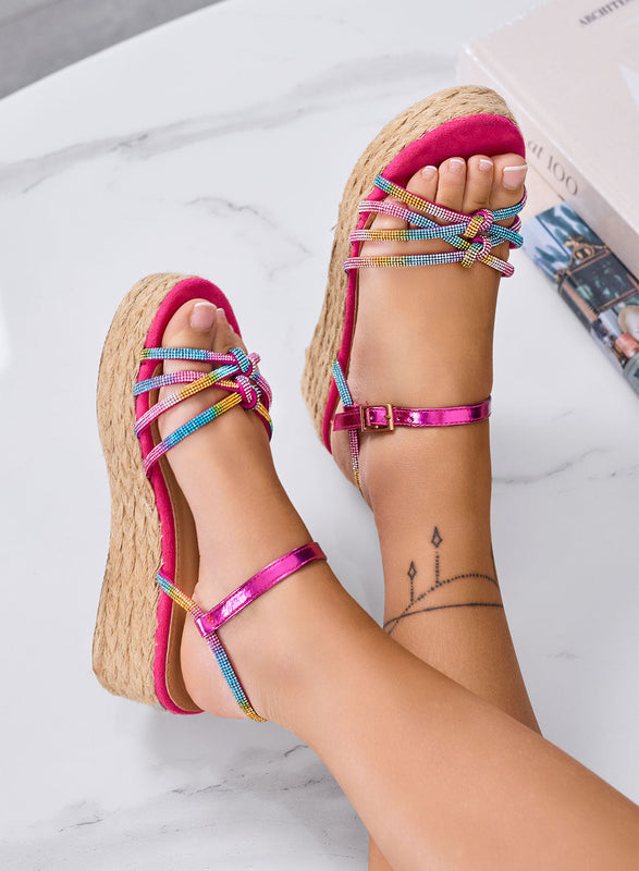 XIMENA - Sandales espadrilles fuchsia avec bandes bijoux