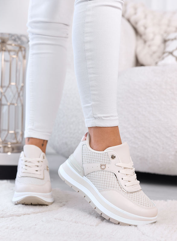 AGATA - Beige Platform Sneakers with Laminated Fabric Details