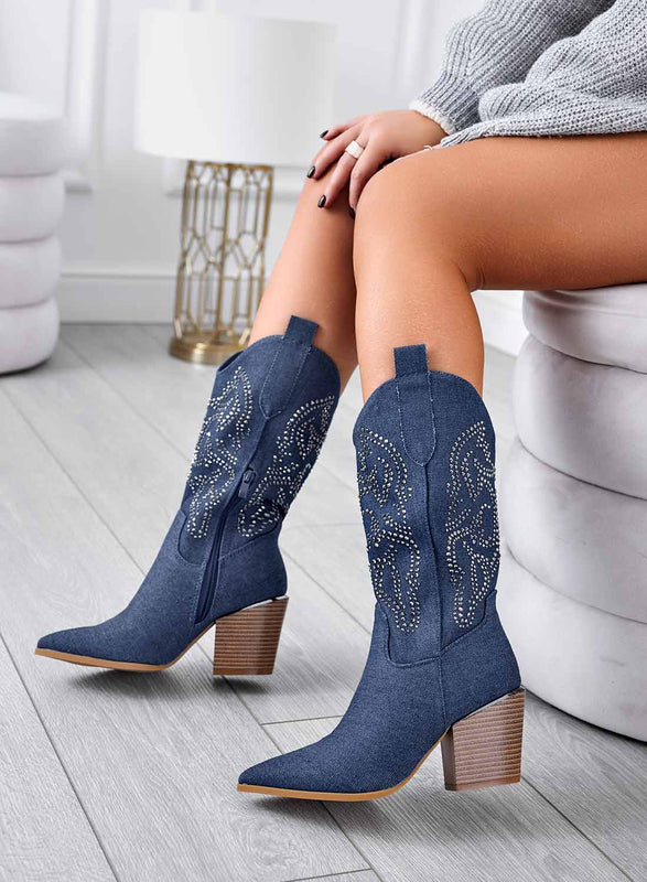 LIBERA - Camper boots en denim bleu avec strass