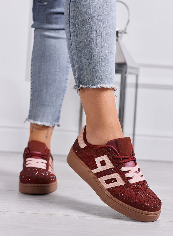 SIDNEY - Sneakers Donna Bordeaux con Strass e Dettagli Rosa