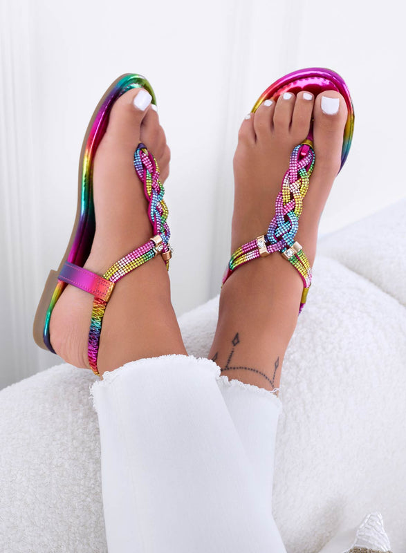 JAMA - Sandalias flip-flop con trenzado de joyas multicolor