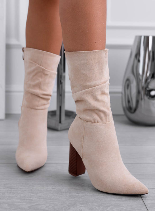 NALA - Bottines en daim beige à talon effet bois