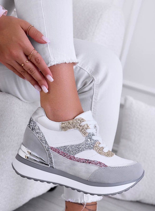 GENNY - Grey sneakers with gold and fuchsia glitter inserts