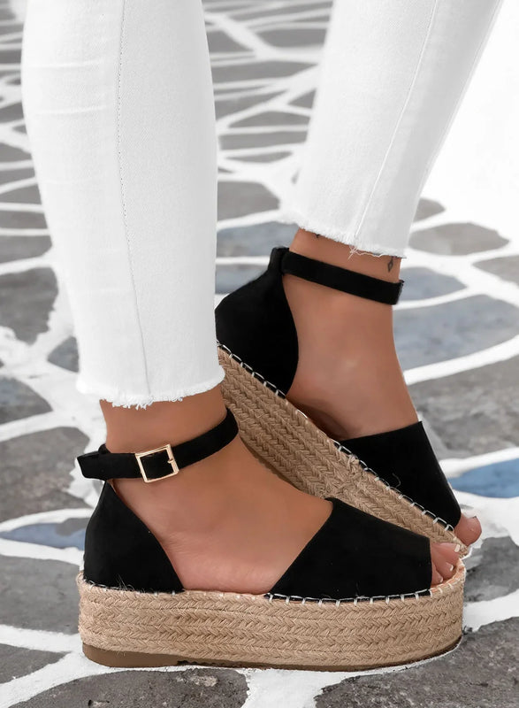 LICIA - Espadrilles en daim noir avec talon et bride