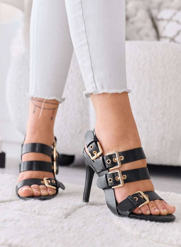 MINA - Sandalias negras con hebillas y tacón alto