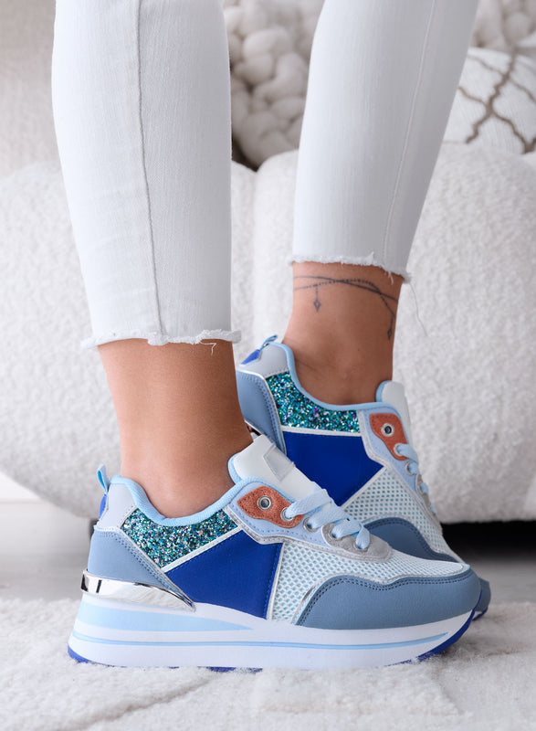 VALDA - Blue sneakers with thick sole and glitter inserts