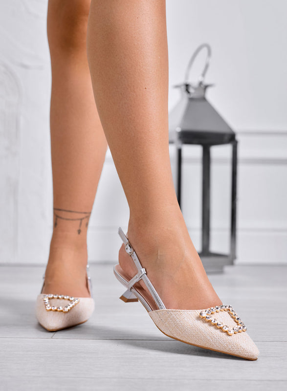 DARLEEN - Decolletè beige Slingback Eleganti a Punta con Fibbia Gioiello