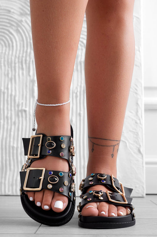 Black slide sandals with stones