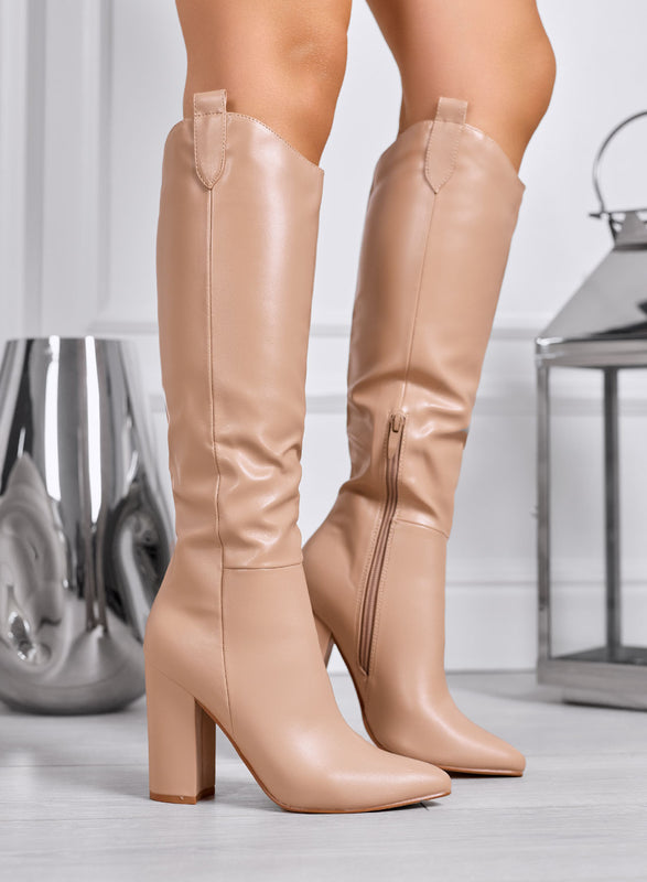 CASSIA - Beige high boots with block heel and pointed toe