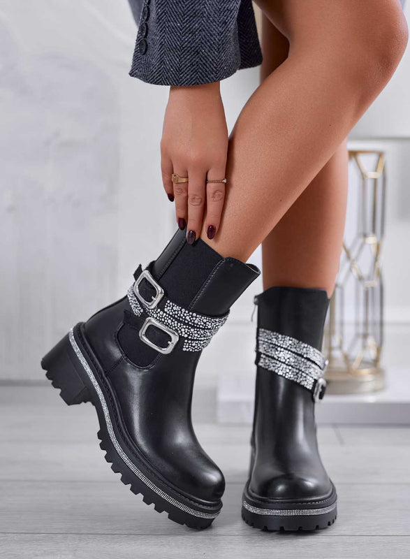 MARZIA - Bottines noires avec bandes bijoux et boucles