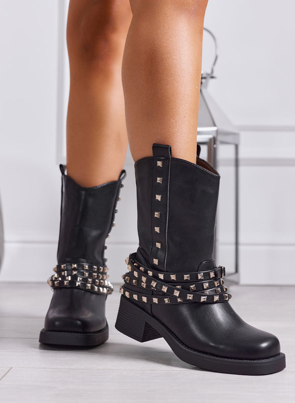 SHEELA - Stivaletti Biker Donna Neri con Borchie