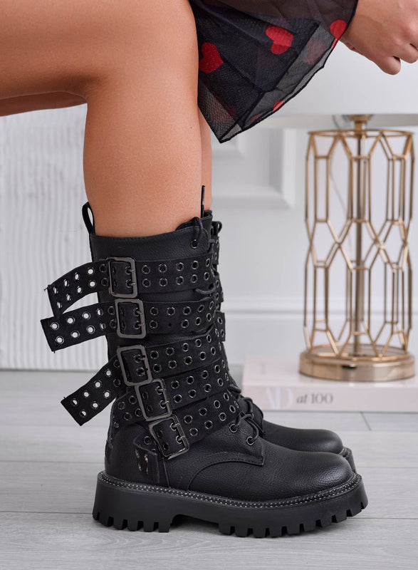 GENEVIEVE - Bottes noires style biker avec boucles