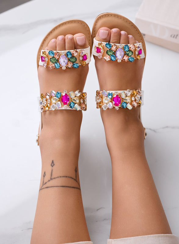 DEBORA - Sandali Gioiello Bianchi con Pietre Multicolor