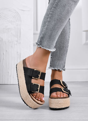 DANIEL - Sandales noirs à plateforme type mules avec double boucle et semelle en corde
