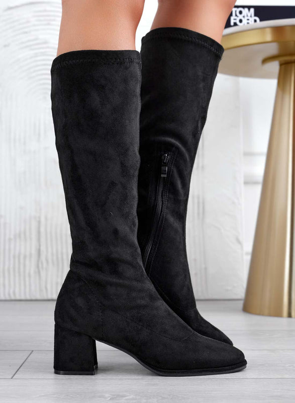 Black suede ankle boots with comfortable heel