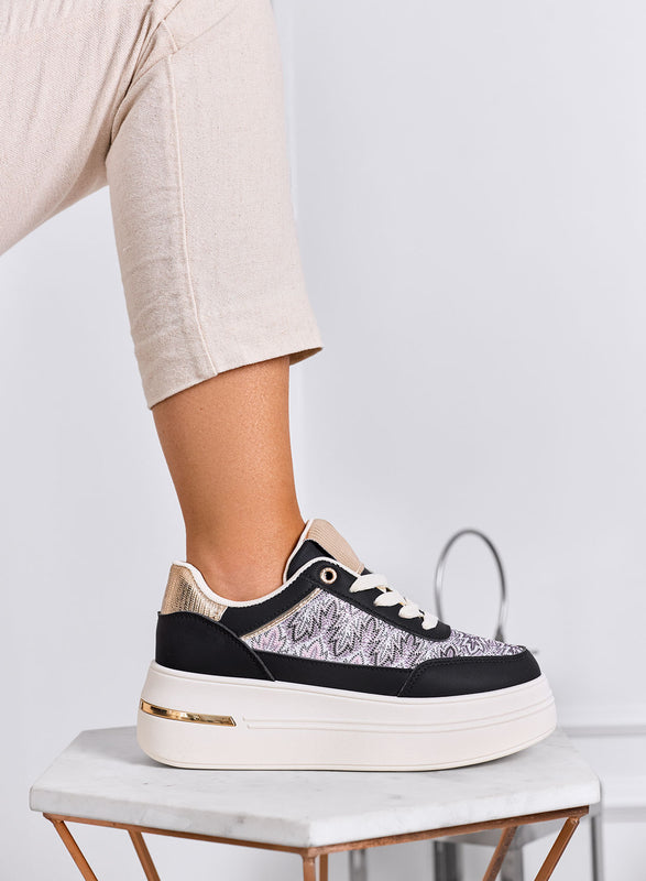 PRAGA - Sneakers nere platform con inserti in tessuto a fantasia