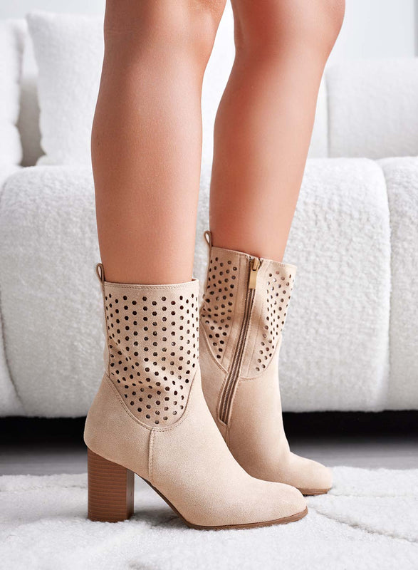 MAYBE - Beige perforated ankle boots with high faux wood heel