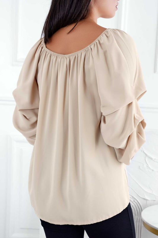 Blouse beige à manches froncées