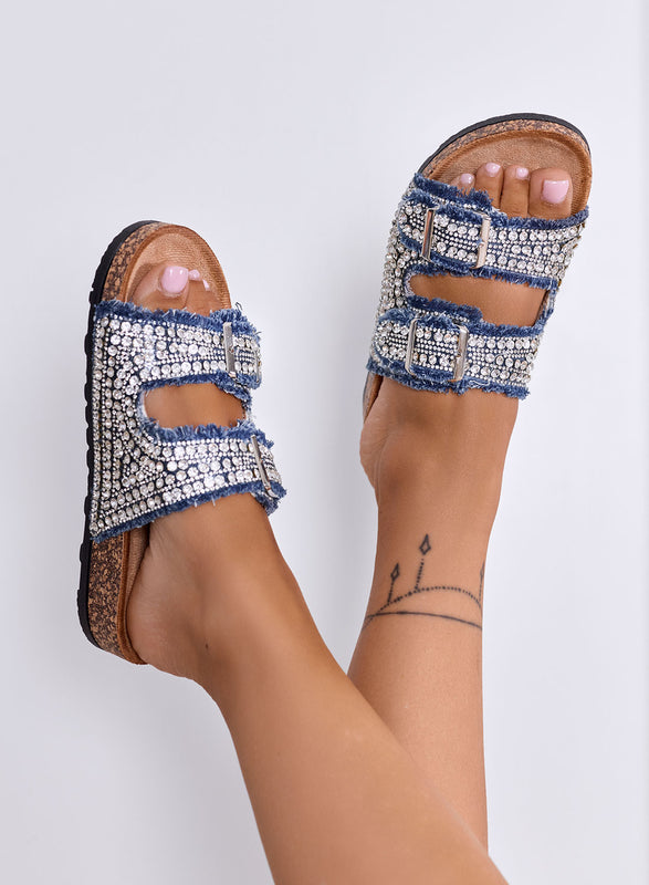 MAURA - Sandali Ciabatte in Denim con Strass e Doppia Fibbia