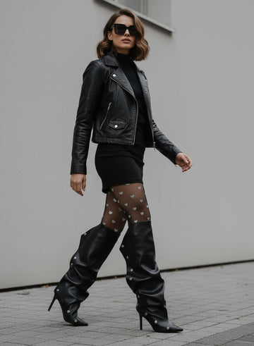 BENNY - Bottes hautes noires plissées à talon aiguille