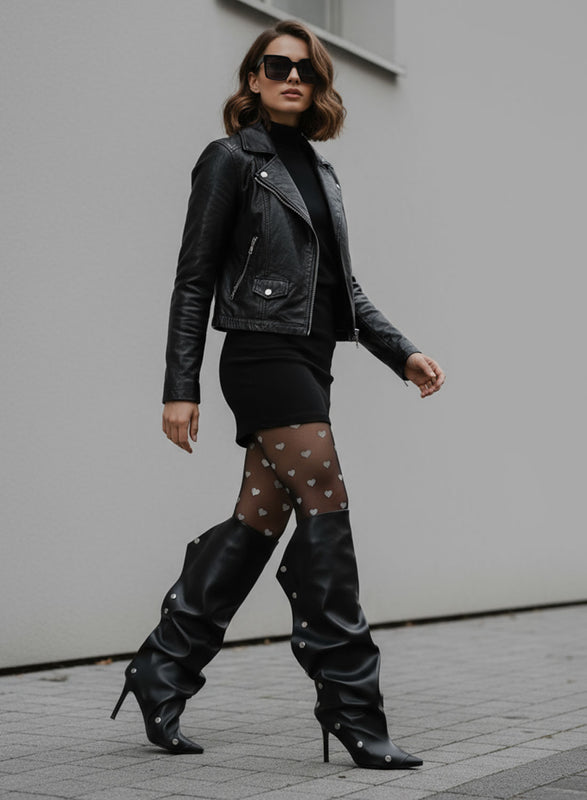 BENNY - Bottes hautes noires plissées à talon aiguille