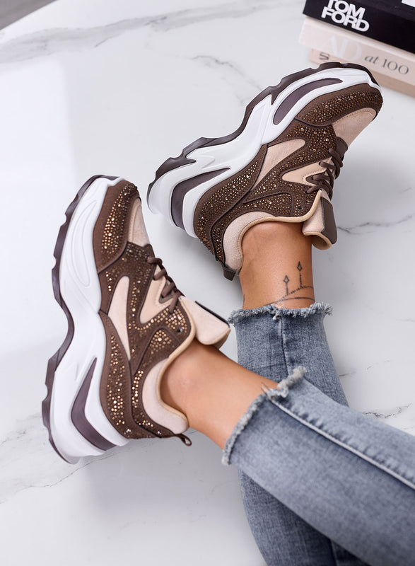 LOREEN - Sneakers Marroni con Strass e Suola chunky
