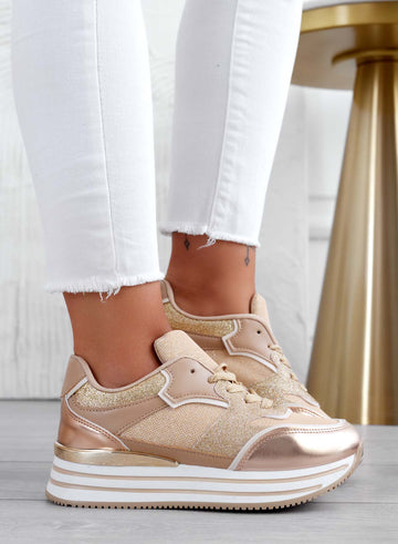 Rose gold sneakers with glitter inserts