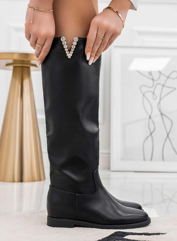 Bottes noires à semelle compensée intérieure et ornement bijou