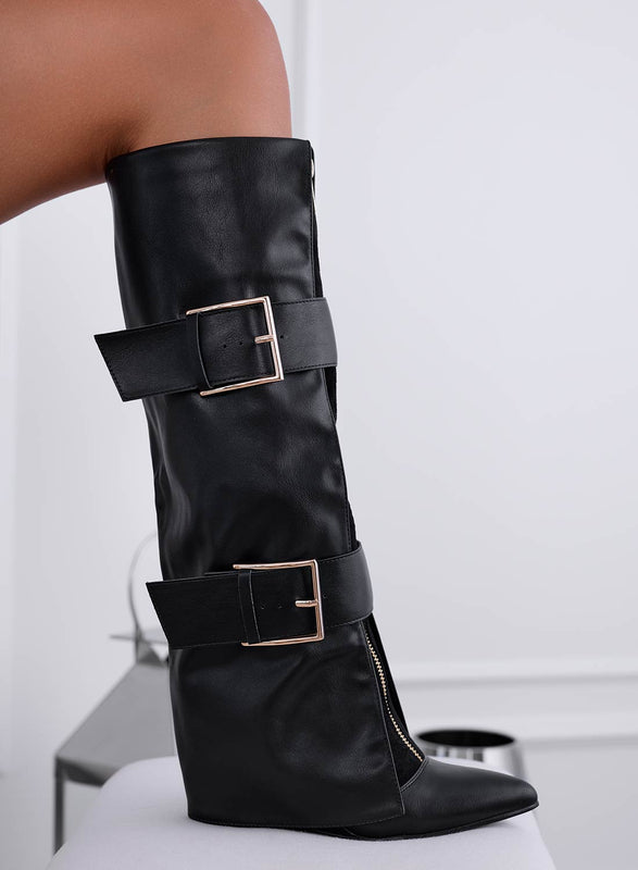 ASMIRA - Bottes noires avec fermeture éclair et boucles dorées