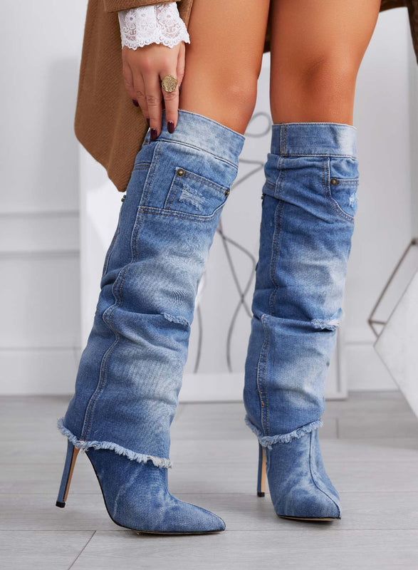 DEVA - Bottes en jean bleu avec talon haut