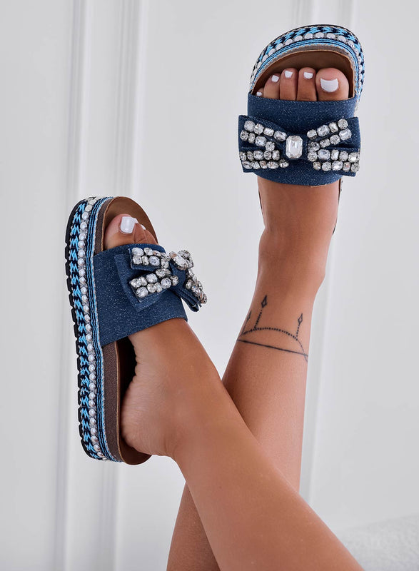 PIRA - Sandales plateforme bleu denim avec noeud strass