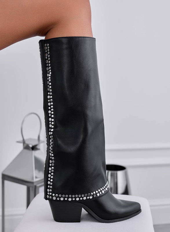 WANDA - Bottes noires avec clous sphériques et talon confortable