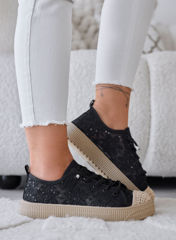 KISHA - Black Lace Sneakers with Transparent Effect