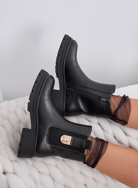 EMILIANA - Bottines noires avec ressort latéral et application dorée