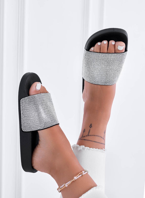 BECKY - Sandales babouches noires avec bande strass