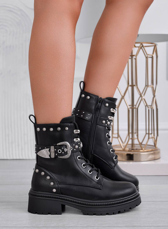 BERNADETTE - Black biker ankle boots with buckles and studs