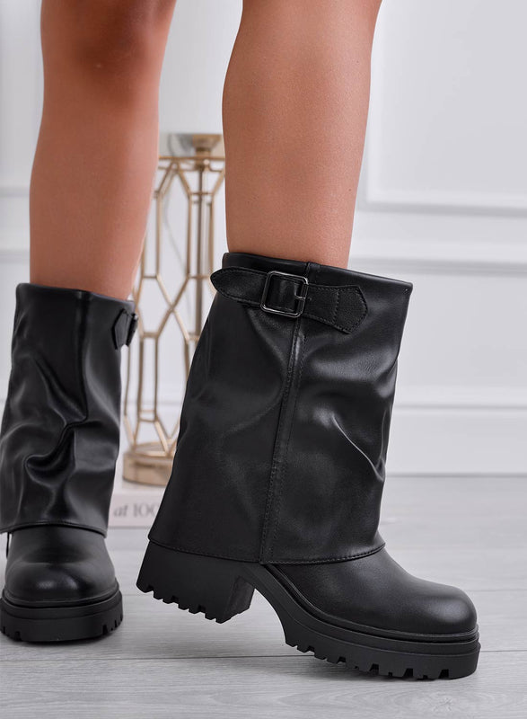 ONCE - Bottines noires biker avec revers et boucle