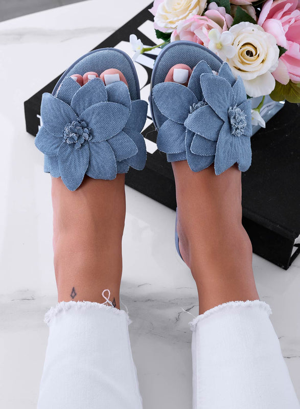 MELODY - Sandales babouches en jean bleu à fleur appliquée