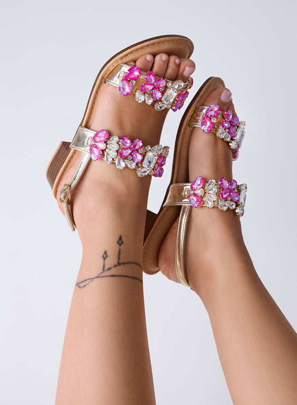 DIAMOND - Sandales fuchsia plats avec pierres précieuses et bride